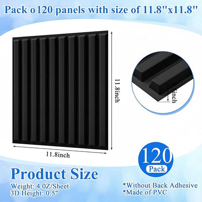 Nuanchu 120 Pcs 3D Slat Wall Panels 12 x 12 Inch PVC Fluted Textured Panel Cuttable Paintable DIY Wall Art Decorative Tiles for Ceiling Studio Bathroom Interior TV Background (Black)