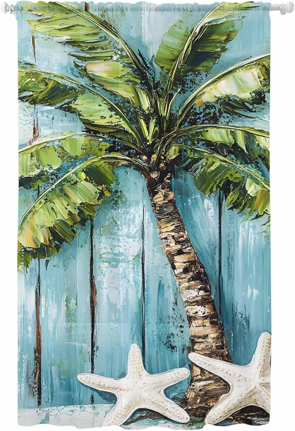 Sheer Curtains 96 Inches Long, Coastal Beach Starfish Semi Sheer Curtains Light Filtering Window Treatment, Blue Green Tropical Palm Tree Wood Grain Privacy Voile Drapes for Living Room 52x96 Inch