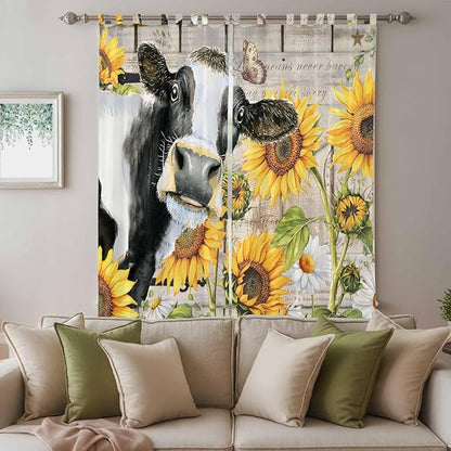 Yellow Sunflowers Living Room Curtains 84 Inch Length, Window Curtains Tab Top, Farmhouse Cow Barn Doors Floral Butterfly Light Filtering Window Treatments Drapes 52"x84" 2 Panel