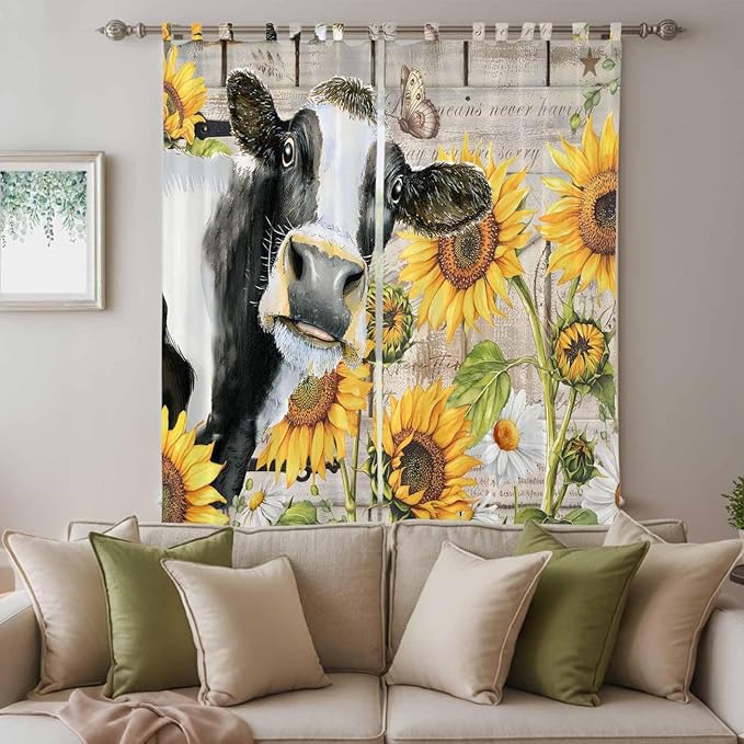 Yellow Sunflowers Living Room Curtains 96 Inch Length, Window Curtains Tab Top, Farmhouse Cow Barn Doors Floral Butterfly Light Filtering Window Treatments Drapes 52"x96" 2 Panel