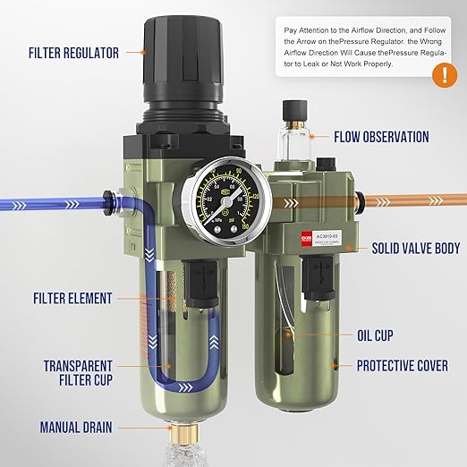 NPT 3/8" Air Regulator with Gauge,Air Compressor Water Separator with Accessories,Pneumatic Compressed Air Filter Pressure Oil Trap(AC3010-03)