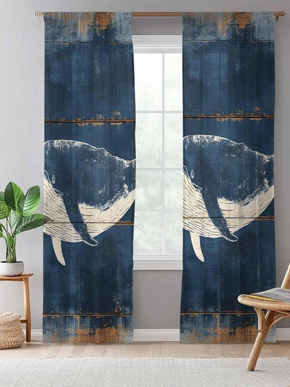 Sheer Curtains 96 Inches Long, Summer Whale Blue Semi Sheer Curtains Light Filtering Window Treatment, Coastal Ocean Vintage Wooden Grain Privacy Voile Drapes for Living Room Bedroom 52x96 Inch