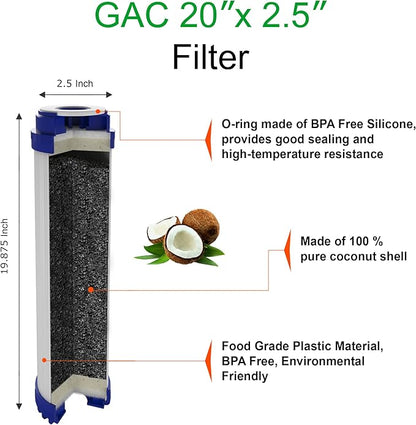 Standard Whole House Coconut Shell Granular Activated Carbon Water Filter 20” x 2.5” Fits 20” x 2.5” Housings. Remove Chlorine and Bad Odor. Compatible with EP-20, HX-CB-25-2010, F3WCB32