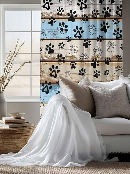 Sheer Curtains 63 Inch Length, Blue Brown Paw Prints Semi Sheer Curtains Light Filtering Window Treatment, Vintage Farmhouse Rustic Wooden Grain Privacy Voile Drapes for Living Room Bedroom 52x63 Inch