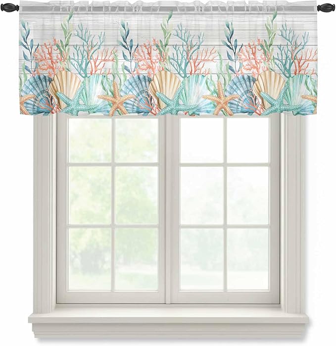 Summer Beach Sheer Valance Curtains, Ocean Colorful Coral Shell Seaweed Starfish Wood Grain Light Filtering Kitchen Valances Rod Pocket Voile Curtain Treatment for Bedroom/Living Room/Basement 42Wx12L