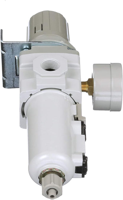 PneumaticPlus SAW300-N03BG-MEP Compressed Air Filter Regulator Piggyback Combo 3/8" NPT - Metal Bowl, Manual Drain, Bracket, Gauge