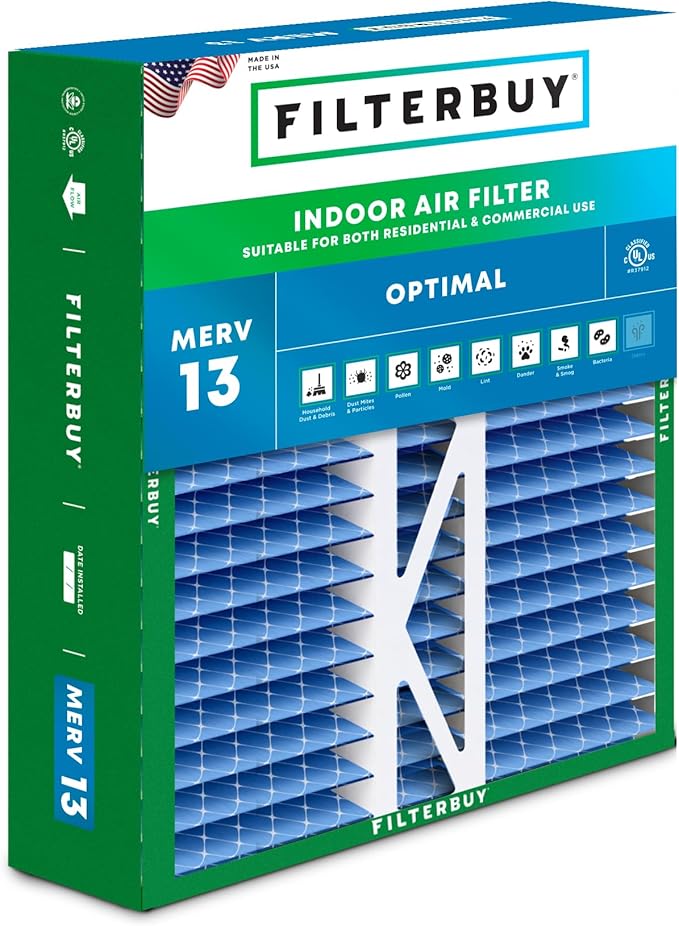 Filterbuy 20x20x5 Air Filter MERV 13 Optimal Smoke & Allergy Defense (1-Pack), Pleated HVAC AC Furnace Filters for Honeywell FC100A1011, Lennox X0585, and More (Actual Size: 19.63 x 19.88 x 4.38)