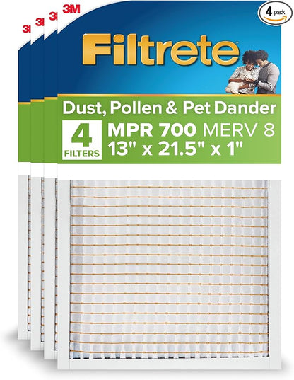 Filtrete 13x21.5x1 AC Furnace Air Filter, MPR 700, MERV 8, Tough on Pollen, Easy on Airflow, 3-Month Pleated 1-Inch Electrostatic Air Cleaning Filter, 4-Pack (Actual Size 12.69 x 21.19 x 0.81 in)