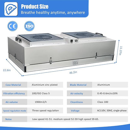 HEPA H14-Filter Laminar Flow Hood Updated FanFilter Unit（Include HEPA Filter）100/ISO Class 5 Cleanroom/Laboratory/Cleanroom/Mushroom Room, Laminar Air Flow Hood(46.2"x22.6"110V，Dual machine)