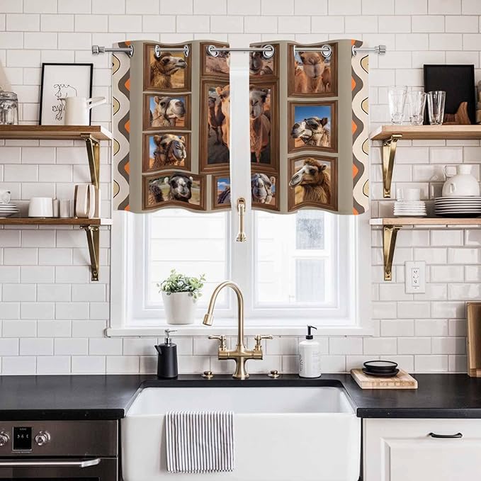 2 Panel Kitchen Cafe Curtains, Desert Camels Sunlight Filtering Nature Air Through, Home Decor Window Covering Tier Curtains for Living Room 55W x 39L inch Western Wildlife Brown Animals Country