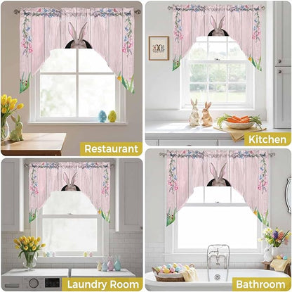 Swag Valance Curtains, Easter Cute Rabbit and Colorful Eggs Rod Pocket Valances Swag Topper for Kitchen Windows, Pink Farm Wooden Barn Light Filtering Short Curtain for Bedroom Bathroom 56x36In