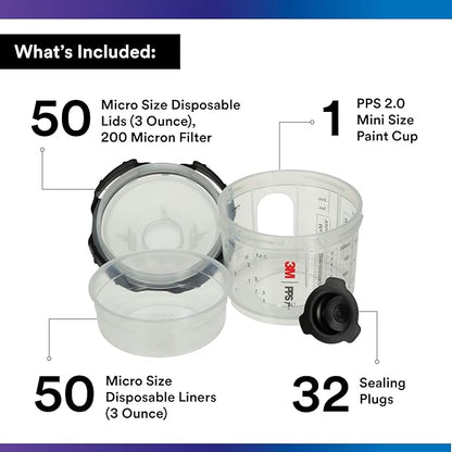 3M PPS 2.0 Spray Gun Cup, Lids and Liners Kit, 26028, Micro, 3 Ounces, 200-Micron Filter, Use for Cars, Furniture, House and More, 1 Mini Paint Cup, 50 Micro Liners, 50 Lids, 32 Sealing Plugs