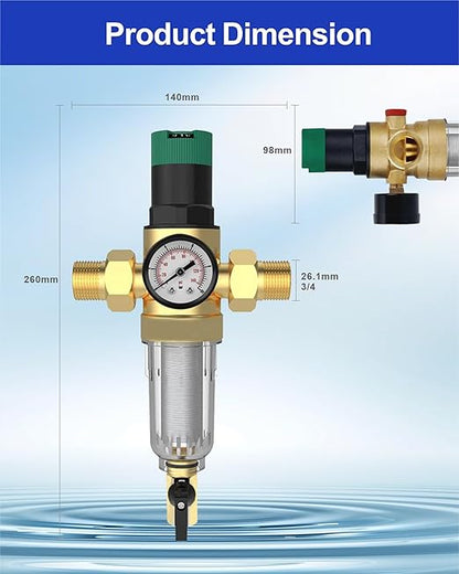 Spin Down Sediment Filter with Water Pressure Regulator, 2 in 1 Whole House Prefilter System with Gauge,50 Micron, 1.25" MNPT + 1" FNPT + 1" MNPT, Heavy Duty Brass