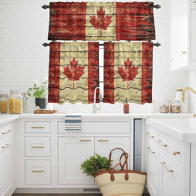 Kitchen Curtains Tiers and Valance Set of 3, Canada Light Filtering Window Curtain Set, Red Maple Leaf Flag Farmhouse Shabby Wooden Grain Rod Pocket Curtain Drapes for Living Room, 36 Inches Tiers