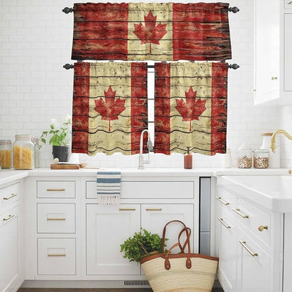 Kitchen Curtains Tiers and Valance Set of 3, Canada Light Filtering Window Curtain Set, Red Maple Leaf Flag Farmhouse Shabby Wooden Grain Rod Pocket Curtain Drapes for Living Room, 36 Inches Tiers