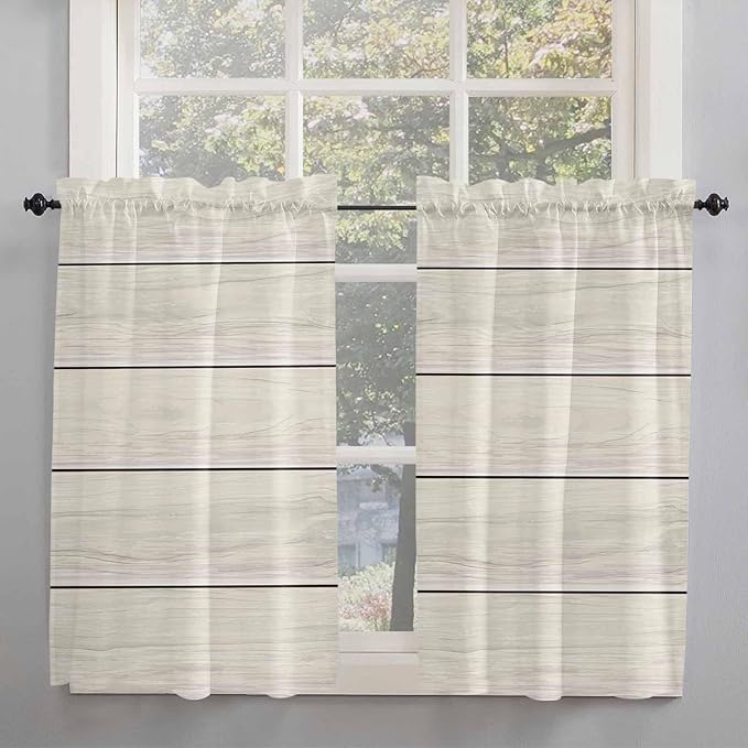 Vintage Country Wooden Board Window Valance Curtains, Gradient Wood Grain Line Light Filtering Kitchen Valance with 3-inch Rod Pocket for Living Room Bathroom Bedroom,2 Panel,27.5x45In