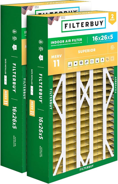 Filterbuy 16x26x5 Air Filter MERV 11 Superior Pet & Allergy Defense (2-Pack), Pleated HVAC AC Furnace Filters for Electro-Air, Emerson, White Rodgers, and More (Actual Size: 16.00 x 25.75 x 4.88)