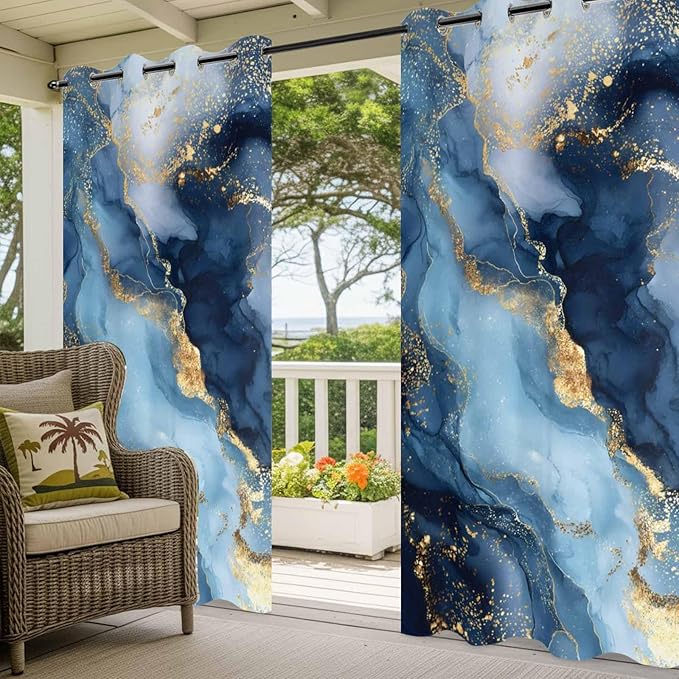 Marble Texture Outdoor Curtains for Patio Abstract Gradient Blue Golden Gorgeous Waterproof Outside Curtains with Grommet Top Weatherproof Curtain for Cabana Pergola Gazebo, 1 Panel, 54" W x 84" L