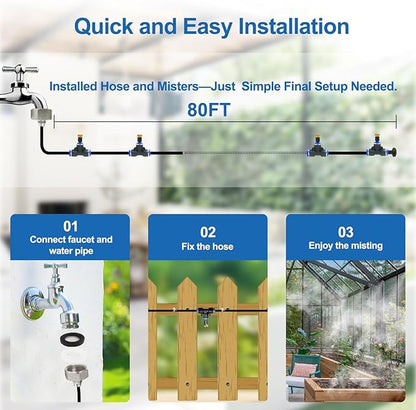 Pre-Assembled Misters for Outside Patio,Outdoor Water Misting Cooling System,80FT|24M.Backyard Mist Kit for Garden,Greenhouse,Deck,Umbrella,Canopy,Pool,Porch.Trampoline Sprinkler,Party Accessories