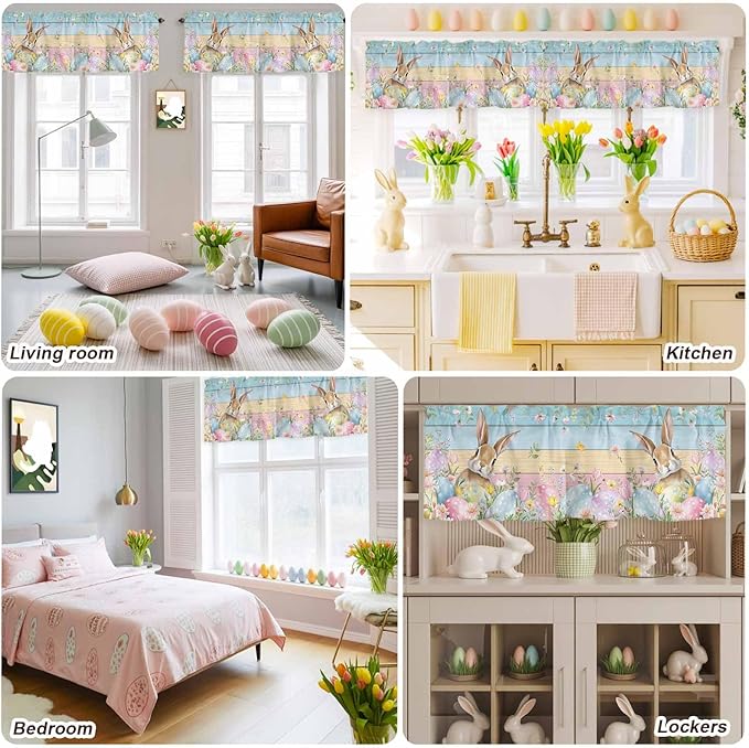 Kitchen Valances for Window, Spring Easter Eggs Rabbit Flower Light Filtering Rod Pocket Valance Curtain, Plant Colorful Wood Grain Short Curtains Window Topper for Bedroom Living Room 42x12in