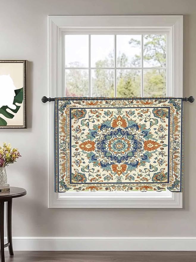 Sheer Curtains 45 Inch Length, Southwest Farmhouse Semi Sheer Curtains Light Filtering Window Treatment, Orange Blue Desert Bohemian Privacy Voile Drapes for Living Room Bedroom 52x45 Inch