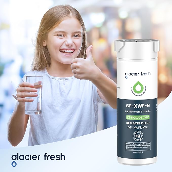 GLACIER FRESH Water Filter Compatible with XWFE (Built-in CHIP), Replacement for GE XWFE, XWF Refrigerator Water Filter NSF/ANSI 42 Certification Pack of 2