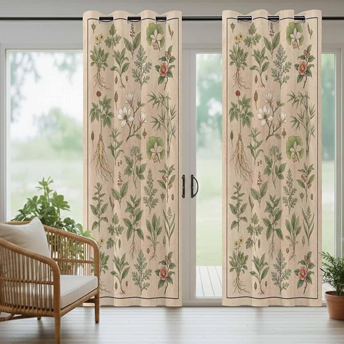 Vintage Outdoor Curtains for Patio Grass Herbal Botanical Garden Plants Waterproof Outside Curtains with Grommet Top Weatherproof Curtain for Cabana Pergola Gazebo, 1 Panel, 54" W x 108" L