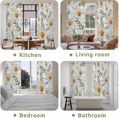 Spring Daisy Kitchen Curtains, Farmhouse Country Flower Leaf Plant Wood Grain Light Filtering Window Curtain Panels, 2Pcs Rod Pocket Window Treatments Set for Living Room Bathroom Bedroom 52x72 Inches