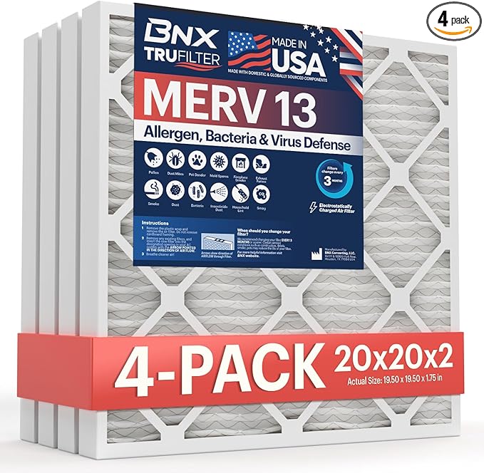 BNX TruFilter 20x20x2 Air Filter MERV 13 (4-Pack) - MADE IN USA - Electrostatic Pleated Air Conditioner HVAC AC Furnace Filters for Allergies, Pollen, Mold, Bacteria, Smoke, Allergen, MPR 1900 FPR 10