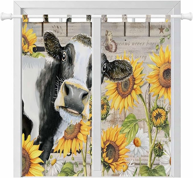 Yellow Sunflowers Bathroom Curtains 63 Inch Length, Window Curtains Tab Top, Farmhouse Cow Barn Doors Floral Butterfly Light Filtering Window Treatments Drapes 52"x63" 2 Panel
