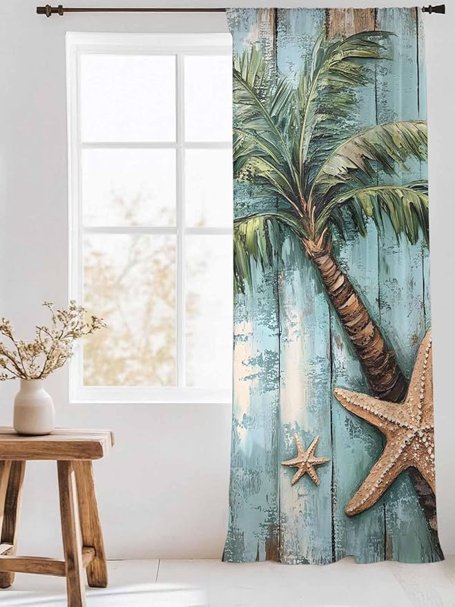 Sheer Curtains 108 Inches Long, Coastal Blue Green Tree Semi Sheer Curtains Light Filtering Window Treatment, Beach Tropical Vintage Wood Grain Privacy Voile Drapes for Living Room Bedroom 52x108 Inch