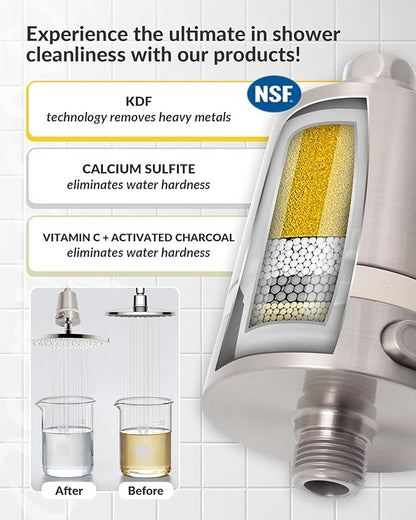 Hard Water Shower Filter - Removes Chlorine, Heavy Metals & Scale - KDF Technology for Softer Skin & Hair - Fits Most Rain & Handheld Showerheads - (Brushed Nickel)