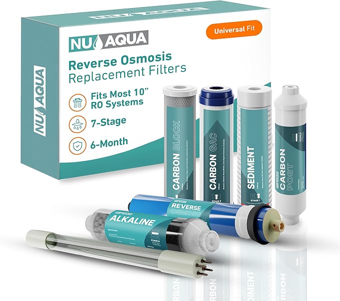NU Aqua Reverse Osmosis Water Filter System Replacement Set - 7 Stage Alkaline & UV Under Sink Kit - Membrane, Sediment, Carbon Filters & Fittings - Universal Undersink RO Filtration Cartridge