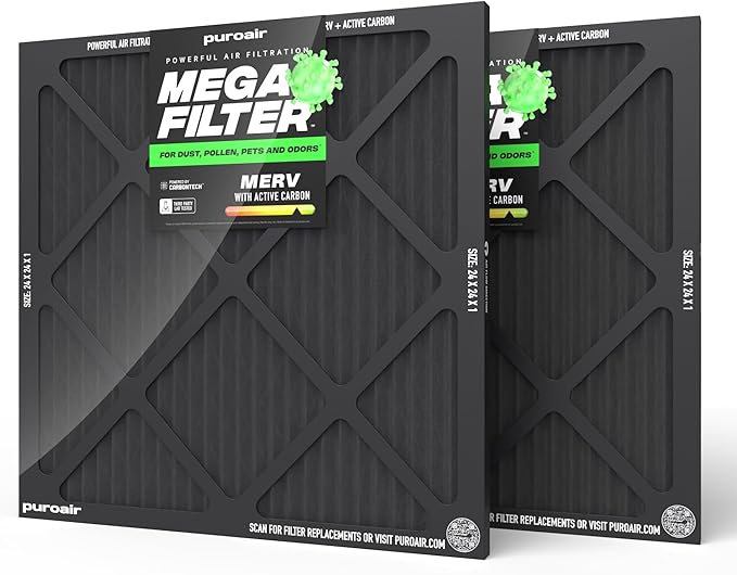 PuroAir MegaFilter - 24x24x1 Air Filter MERV 13 Activated CarbonTech Defense - Heavy Duty 3 Layer Furnace Filters Allergens, Pollen, Dust, Pet Dander, Smoke, Odors - HVAC Air Filter 24x24x1 (2-Pack)