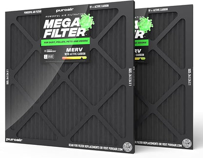 PuroAir MegaFilter - 24x24x1 Air Filter MERV 13 Activated CarbonTech Defense - Heavy Duty 3 Layer Furnace Filters Allergens, Pollen, Dust, Pet Dander, Smoke, Odors - HVAC Air Filter 24x24x1 (2-Pack)