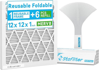 Reusable 12x12x1 Air Filter (MERV 8), 1 Foldable Frame + 6 Refills (Not Individual Filters), Greener HVAC AC Furnace Air Filters MPR 700&FPR 5(Actual Size:11.75"x11.75"x0.75")