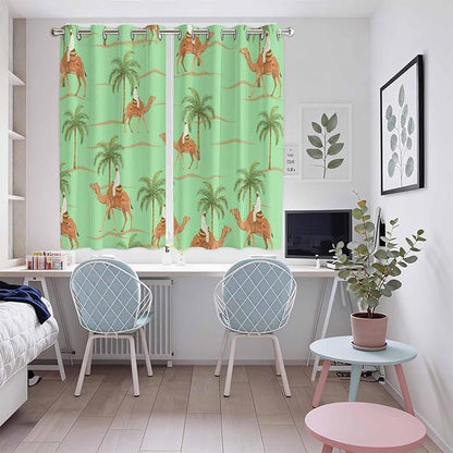 2 Panel Kitchen Cafe Curtains, Desert Camels Sunlight Filtering Nature Air Through, Home Decor Window Covering Tier Curtains for Living Room 104W x 63L inch Tropical Date Palm Trees Animal Green