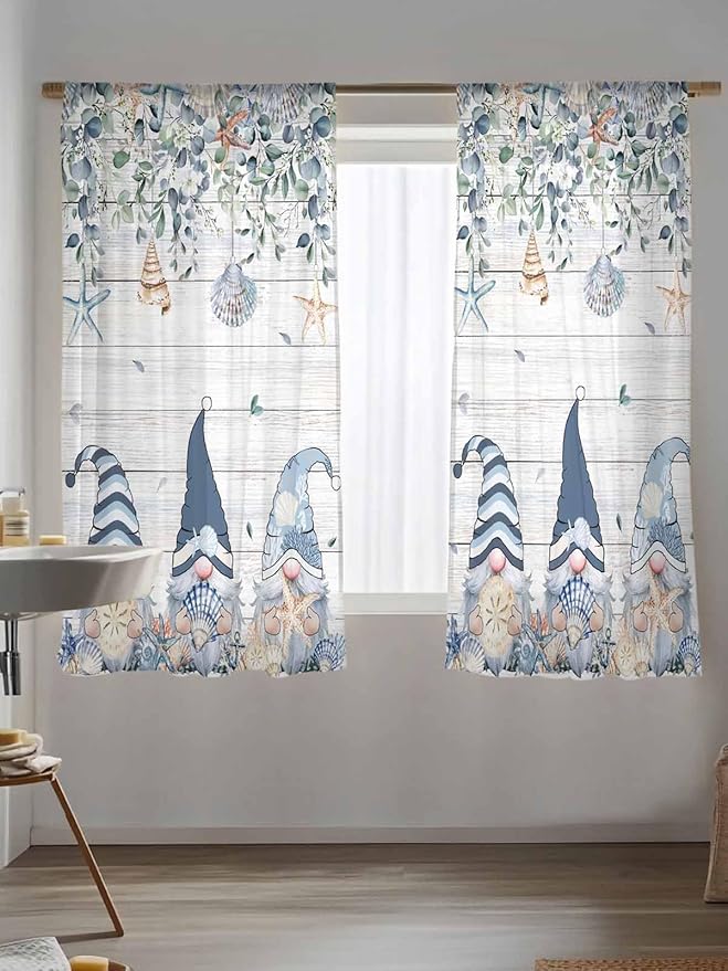 Sheer Curtains 63 Inch Length, Coastal Eucalyptus Leaf Semi Sheer Curtains Light Filtering Window Treatment, Ocean Blue Gnomes Starfish Wood Grain Privacy Voile Drapes for Living Room 52x63 Inch