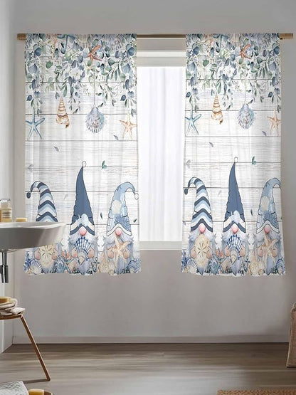 Sheer Curtains 63 Inch Length, Coastal Eucalyptus Leaf Semi Sheer Curtains Light Filtering Window Treatment, Ocean Blue Gnomes Starfish Wood Grain Privacy Voile Drapes for Living Room 52x63 Inch
