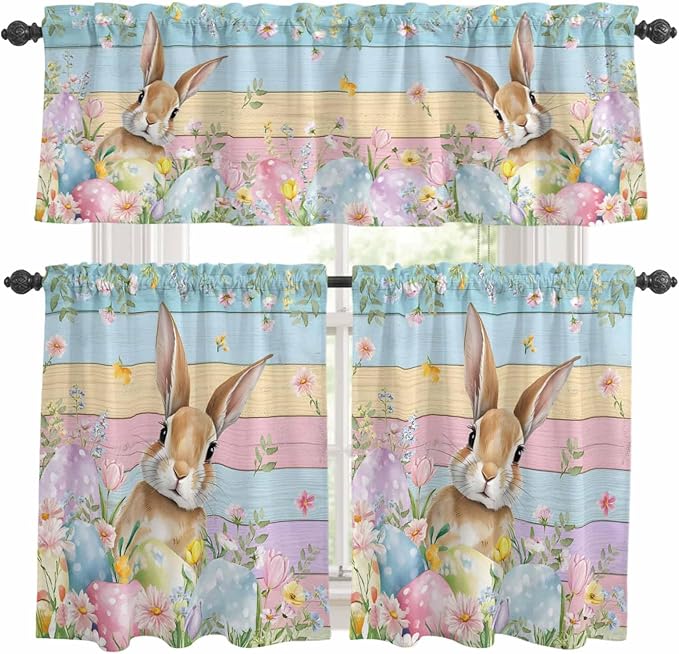 Kitchen Curtains Tiers and Valance Set of 3, Easter Light Filtering Window Curtain Set, Spring Rabbit Eggs Floral Colorful Wooden Grain Rod Pocket Curtain Drapes for Cafe, Living Room, 36 Inches Tiers