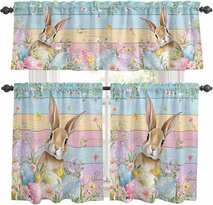 Kitchen Curtains Tiers and Valance Set of 3, Easter Light Filtering Window Curtain Set, Spring Rabbit Eggs Floral Colorful Wooden Grain Rod Pocket Curtain Drapes for Cafe, Living Room, 36 Inches Tiers