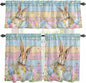 Kitchen Curtains Tiers and Valance Set of 3, Easter Light Filtering Window Curtain Set, Spring Rabbit Eggs Floral Colorful Wooden Grain Rod Pocket Curtain Drapes for Cafe, Living Room, 36 Inches Tiers