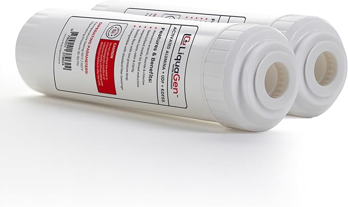 LiquaGen Activated Alumina + Carbon + KDF-55 Replacement Water Filter Cartridge – Helps Manage Fluoride, Chlorine & Taste, Refillable 2.5" x 10", 2.5" x 20", 4.5" x 10", 4.5" x 20" (2, 2.5" x 10")