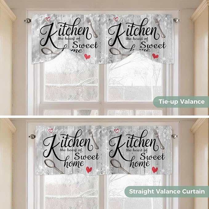 Kitchen Knife Fork Tie Up Valance Curtains for Windows, Kitchen Curtains Window Shades, Vintage Love Heart Grey Wood Grain Light Filtering Roman Curtain Valances for Bedroom/Bathroom/Cafe 60"x18"