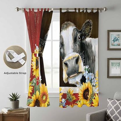 Cows Sunflowers Living Room Curtains 84 Inch Length, Window Curtains Tab Top, Rustic Farms Barns Flowers Bees Animals Light Filtering Window Treatments Drapes 52"x84" 2 Panel