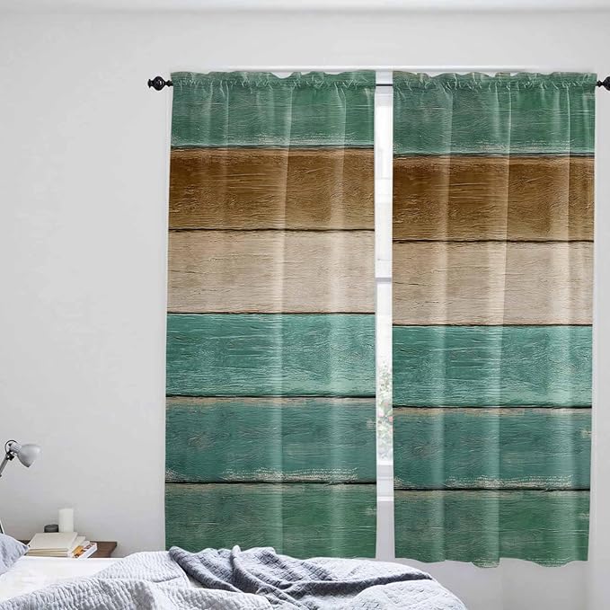 Vintage Plank Turquoise Brown Window Valance Curtains, Farmhouse Wood Grain Light Filtering Kitchen Valance with 3-inch Rod Pocket for Living Room Bathroom Bedroom,2 Panel,52x72In
