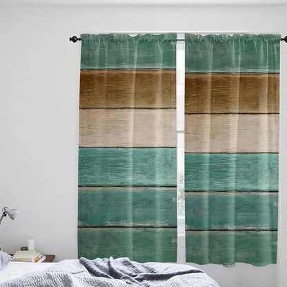 Vintage Plank Turquoise Brown Window Valance Curtains, Farmhouse Wood Grain Light Filtering Kitchen Valance with 3-inch Rod Pocket for Living Room Bathroom Bedroom,2 Panel,52x72In