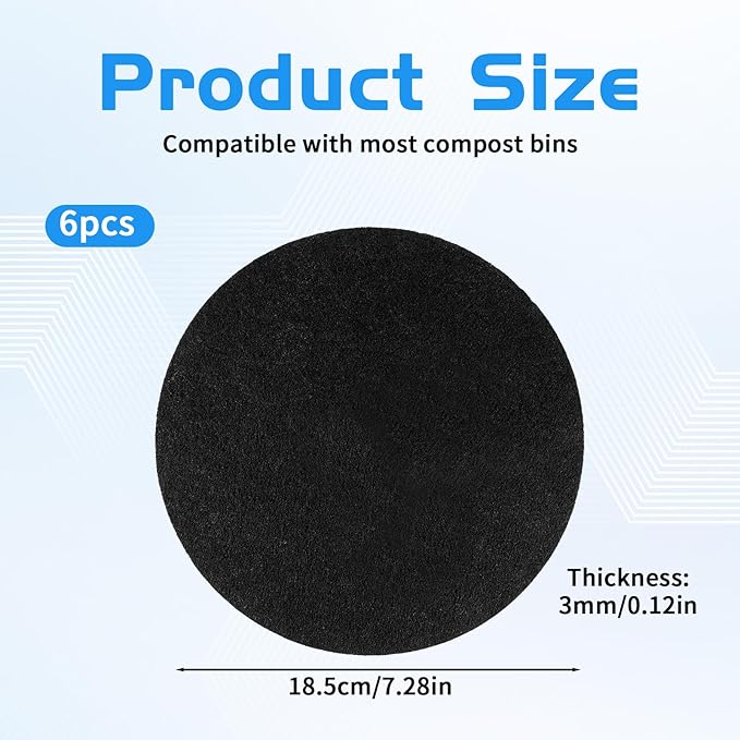 6 Pack Charcoal Filters for Compost Bucket, 7.25 in Round Compost Filters for Countertop Bin, Replacement Compost Bin Filter for Home Kitchen Compost Bins