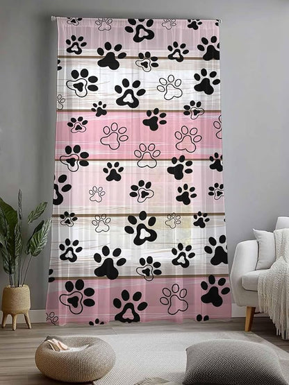 Sheer Curtains 96 Inches Long, Pink Beige Paw Print Semi Sheer Curtains Light Filtering Window Treatment, Vintage Farmhouse Country Wooden Grain Privacy Voile Drapes for Living Room Bedroom 52x96 Inch