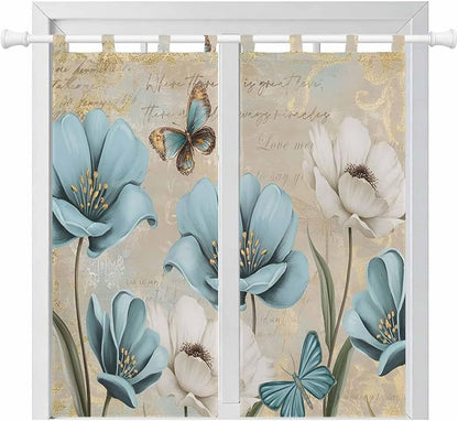 Spring Flowers Living Room Curtains 84 Inch Length, Window Curtains Tab Top, Vintage Rustic Tulips Floral Butterfly Khaki Light Filtering Window Treatments Drapes 42"x84" 2 Panel